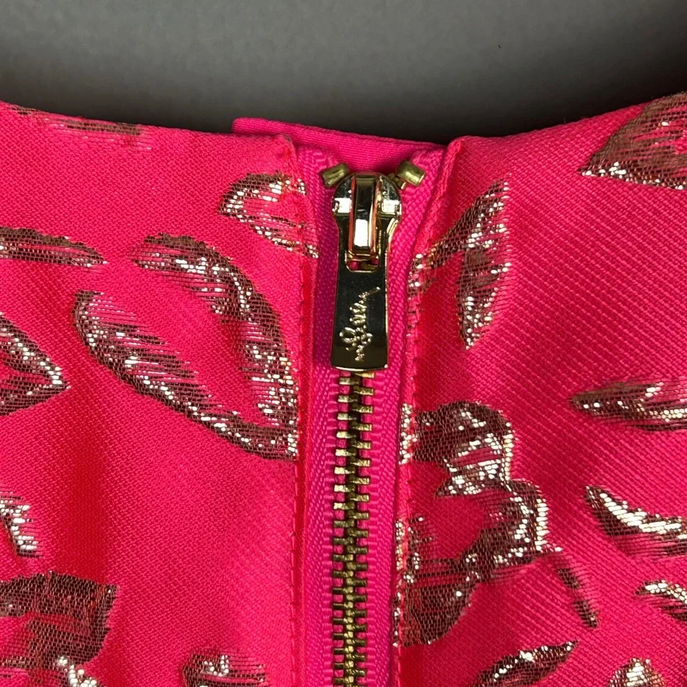 Lilly Pulitzer‎ top Large Pratt Hot Pink Gold Brocade Puff Sleeve Colorful Glam